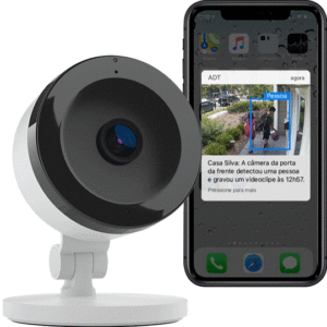 Imagem da Câmera Inteligente e o Aplicativo da ADT mostrando alertas